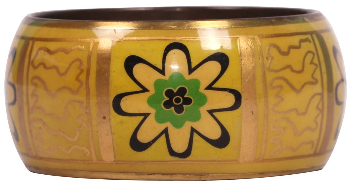 Round Broad Bangle - Floral Motifs - Yellow, Golden, Black & Green Exteriors - Dull Golden Finish Interiors - Handmade in Brass & Iron - Fashion Accessories - Unique Metal Jewelry - Buy in Bulk Wholesale